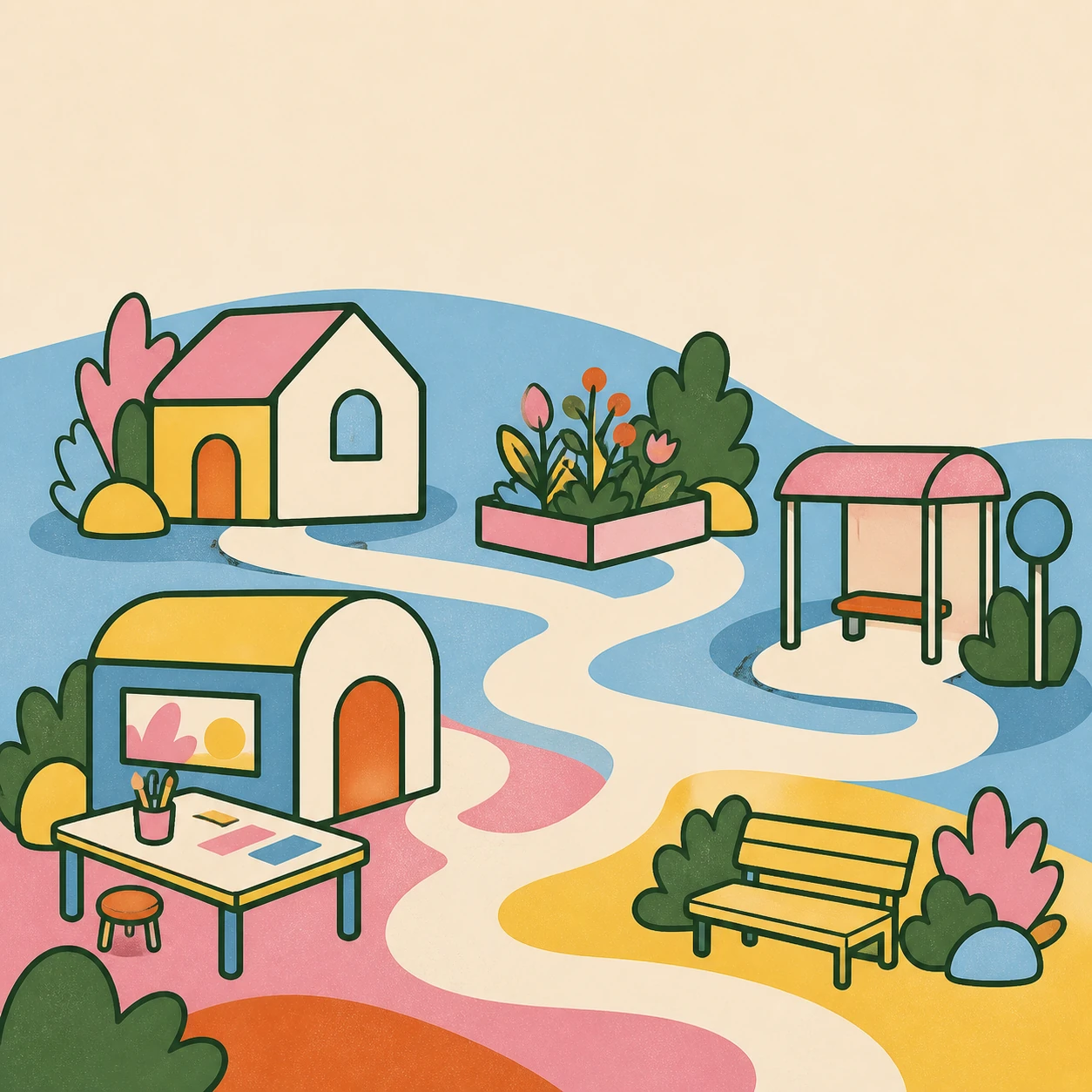 A welcoming neighbourhood connected by one winding path