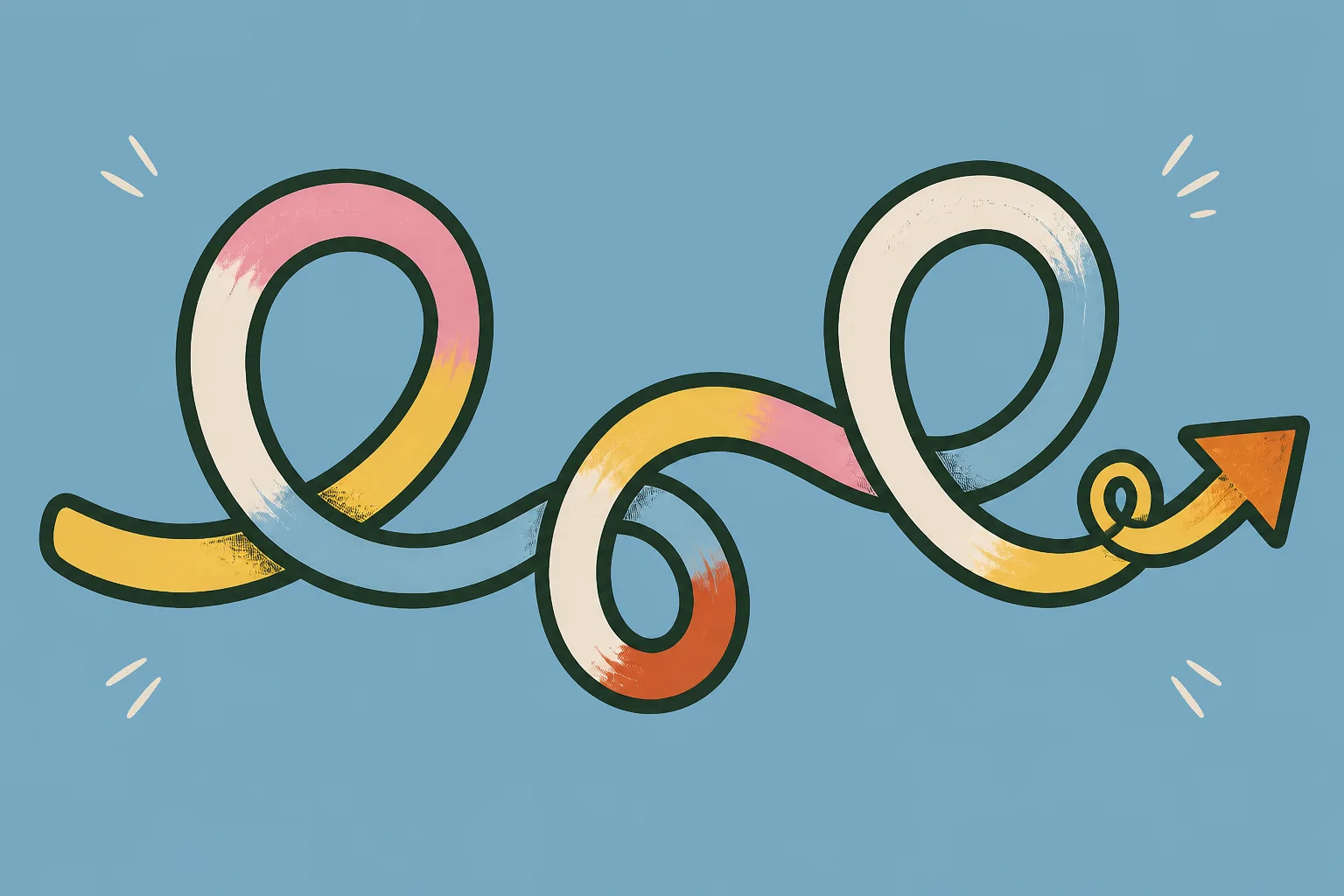 A colourful looping path connecting playful shapes