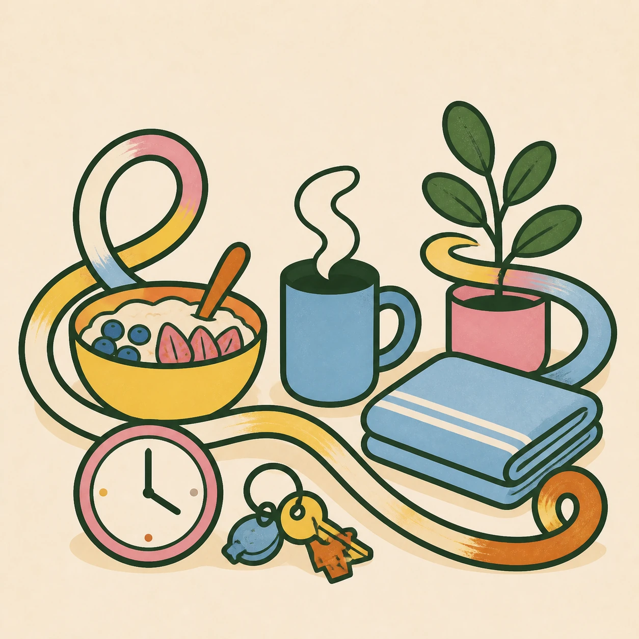 Everyday objects connected by a colourful flowing ribbon