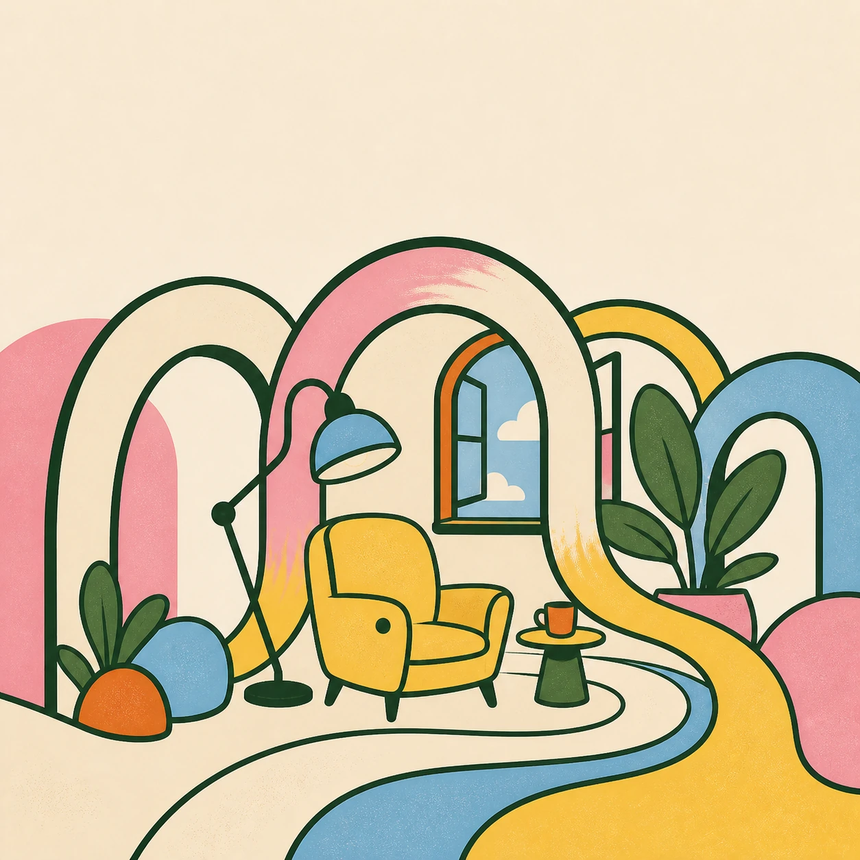 A welcoming room held by colourful sheltering arches