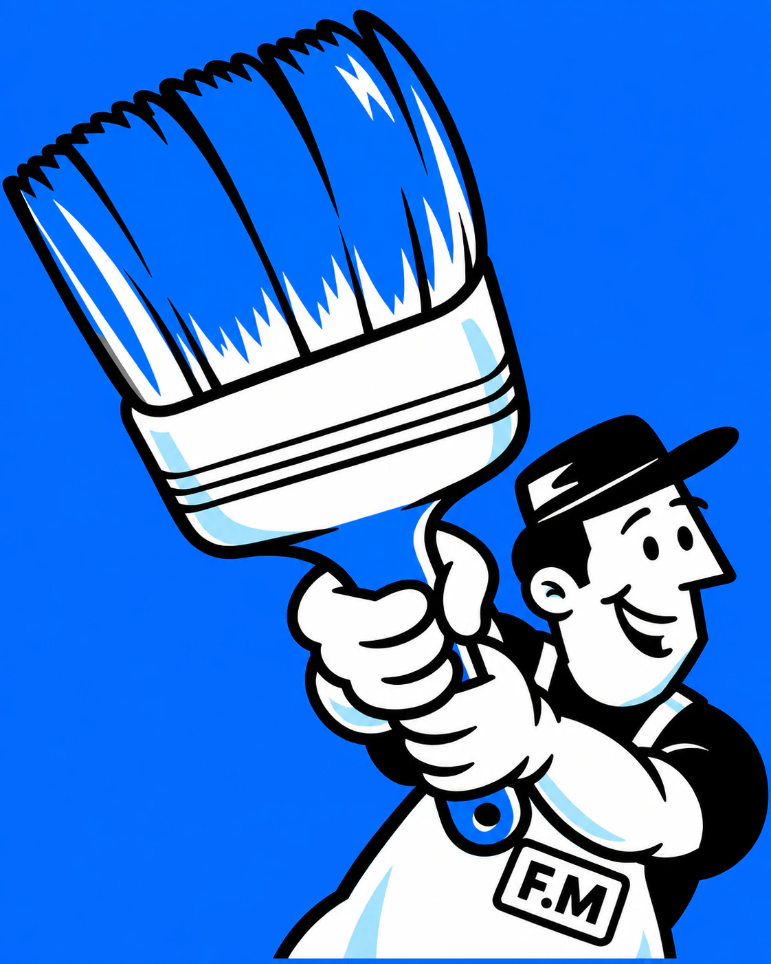 The ACG FM tradesperson holding an oversized blue paintbrush